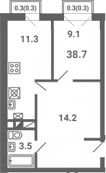1-комн., 38.1 м², 2/4 этаж, ЖК «Южная Долина»