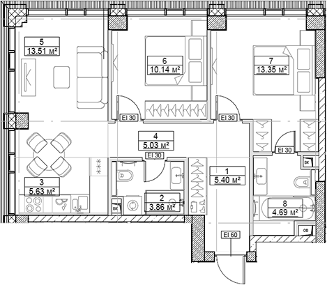 3-комн., 61.61 м², 11/48 этаж, ЖК «Сити Бэй»