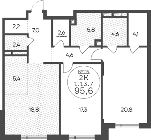 3-комн., 95.6 м², 13/14 этаж, ЖК «Клубный квартал КРЫЛАТСКАЯ 33»