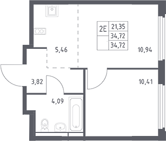 2-комн., 34.72 м², 15/16 этаж, ЖК «Космический Квартал»