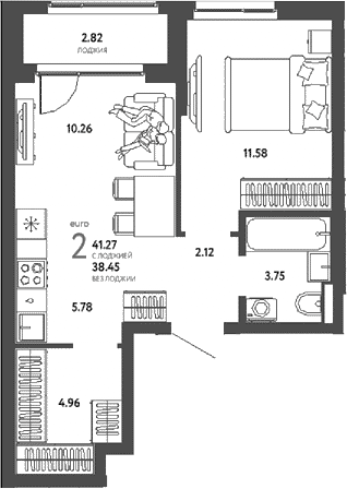2-комн., 38.45 м², 17/19 этаж, ЖК «Страна.Парковая»