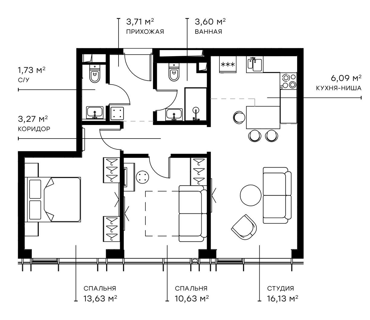 3-комн., 58.79 м², 36/43 этаж, ЖК «Симфония 34»