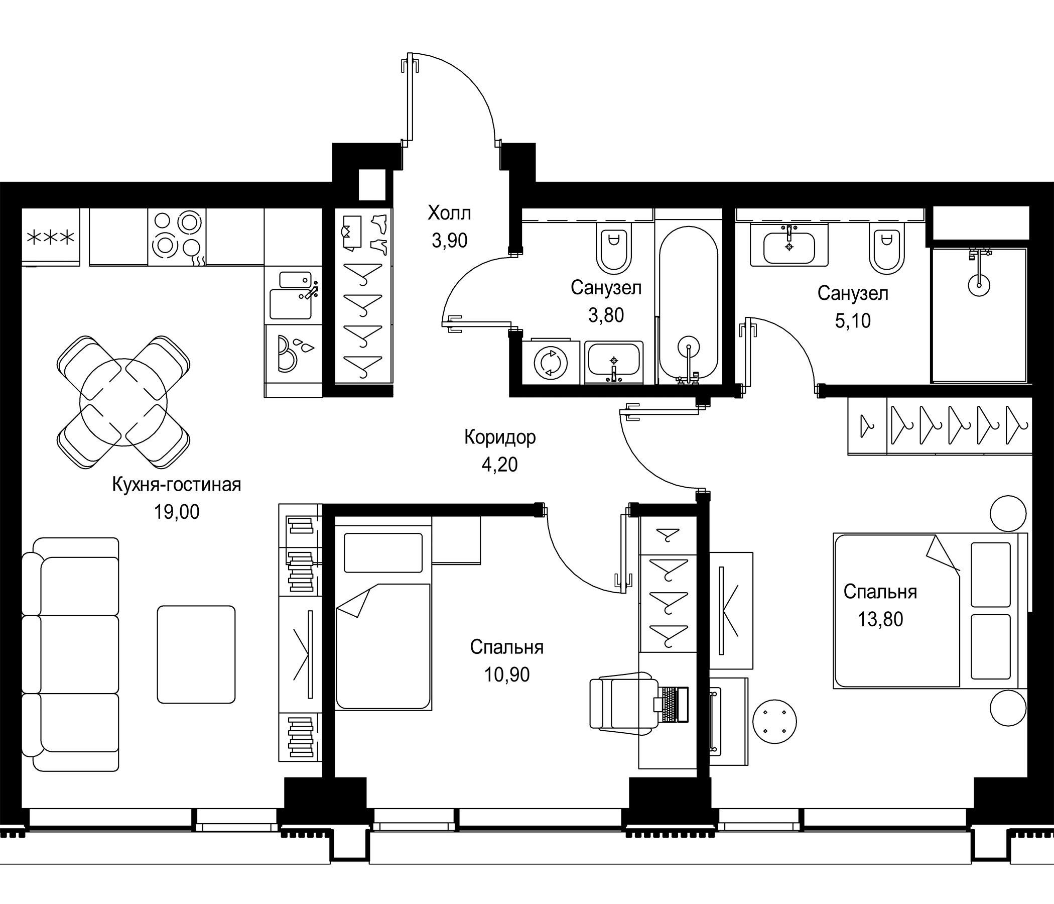 3-комн., 60.7 м², 19/36 этаж, ЖК «СИТИДЗЕН»