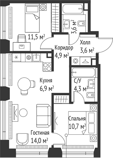 3-комн., 59.4 м², 30/59 этаж, ЖК «СЕТ»