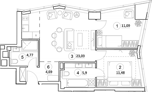 3-комн., 60.96 м², 3/35 этаж, ЖК «УНО.Горбунова»
