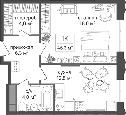 1-комн., 46.3 м², 27/30 этаж, ЖК «Гостиничный комплекс Варшавские ворота»