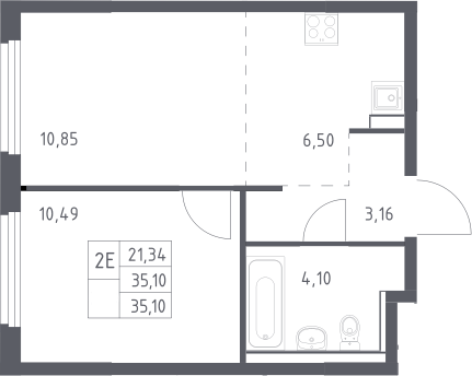2-комн., 35.1 м², 14/17 этаж, ЖК «Пригород Лесное»
