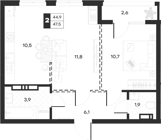 2-комн., 44.89 м², 6/17 этаж, ЖК «Луиджи»