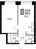 2-комн., 46.5 м², 5/47 этаж, ЖК «Амбер Сити»