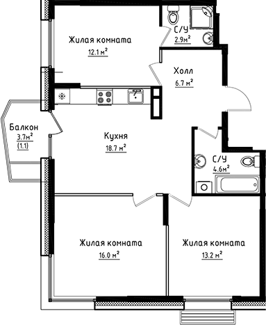 3-комн., 74.2 м², 6/8 этаж, ЖК «Коллекция»