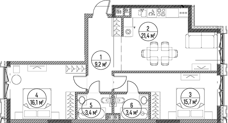 3-комн., 69.2 м², 3/5 этаж, ЖК «Дом на Часовой»