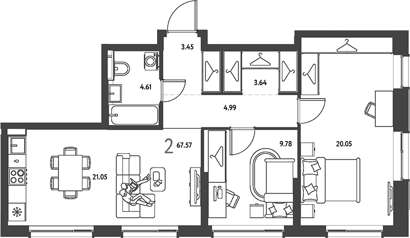2-комн., 67.57 м², 19/19 этаж, ЖК «Страна.Парковая»