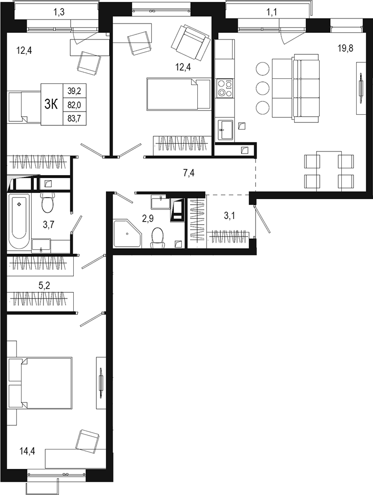 3-комн., 82 м², 5/8 этаж, ЖК «Новая Щербинка»