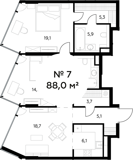 3-комн., 88 м², 3/27 этаж, ЖК «Монблан»