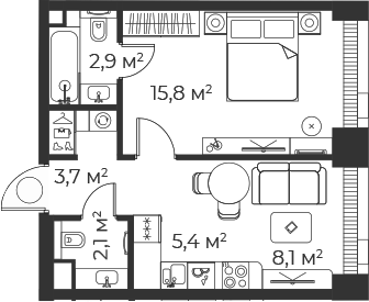 2-комн., 38 м², 43/71 этаж, ЖК «Веер»