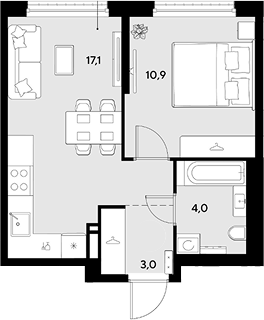1-комн., 35 м², 16/18 этаж, ЖК «Грейд»