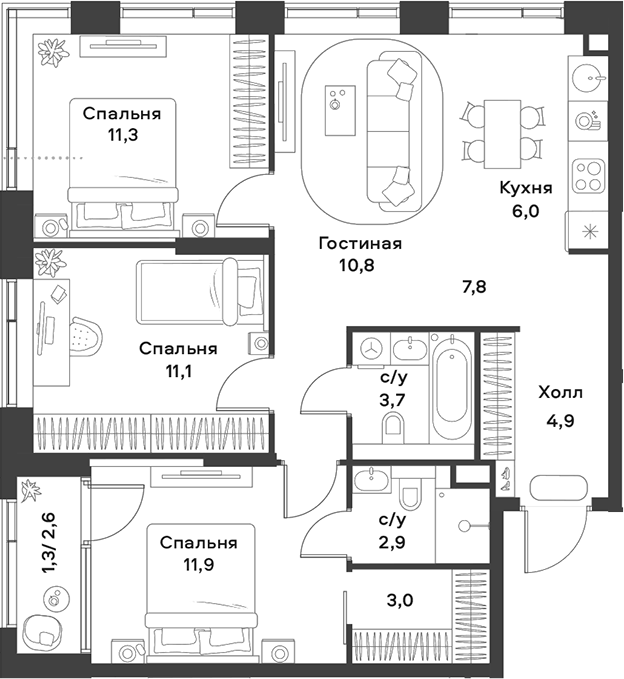 4+ комнаты, 73.4 м², 26/28 этаж, ЖК «АЛИА»