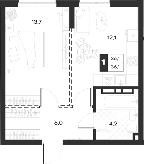 1-комн., 36.05 м², 5/13 этаж, ЖК «Луиджи»
