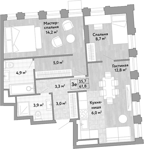 3-комн., 61.8 м², 28/30 этаж, ЖК «Новые Смыслы»
