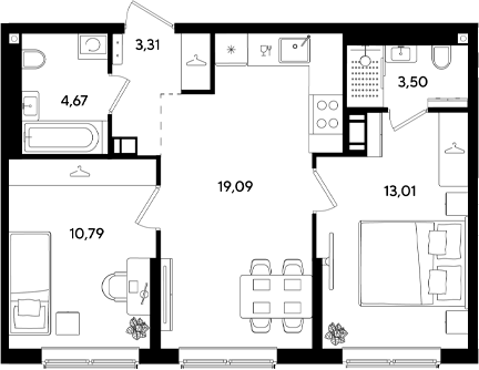 3-комн., 54.37 м², 2/9 этаж, ЖК «Парк Победы 3»