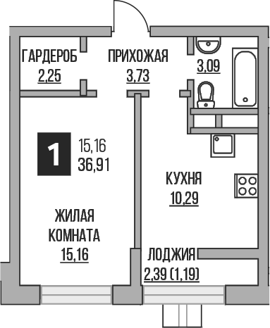 1-комн., 34.52 м², 3/16 этаж, ЖК «Гранель Пехра»