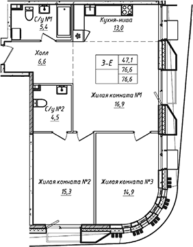 3-комн., 76.6 м², 2/21 этаж, ЖК «УНО.Соколиная гора»