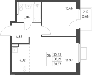 2-комн., 38.21 м², 5/12 этаж, ЖК «Новое Видное»