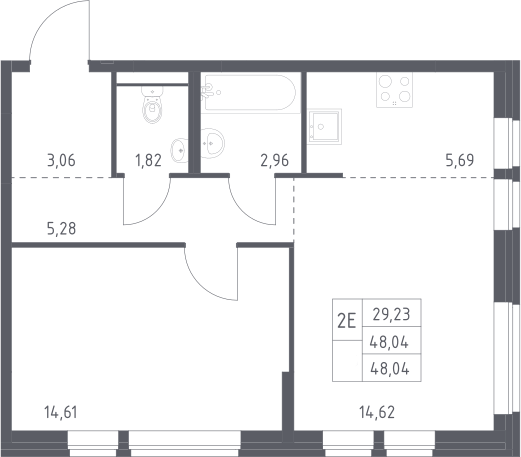 2-комн., 48.04 м², 15/17 этаж, ЖК «Квартал Авиаторов»