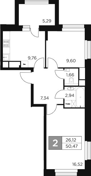 2-комн., 47.82 м², 13/15 этаж, ЖК «Восток 2»