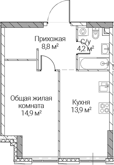 1-комн., 41.8 м², 19/36 этаж, ЖК «СЕЗАР СИЛИКА»