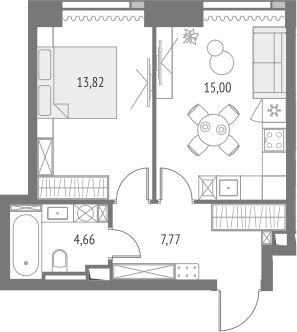 2-комн., 41.25 м², 35/47 этаж, ЖК «Апсайд Тауэрс»
