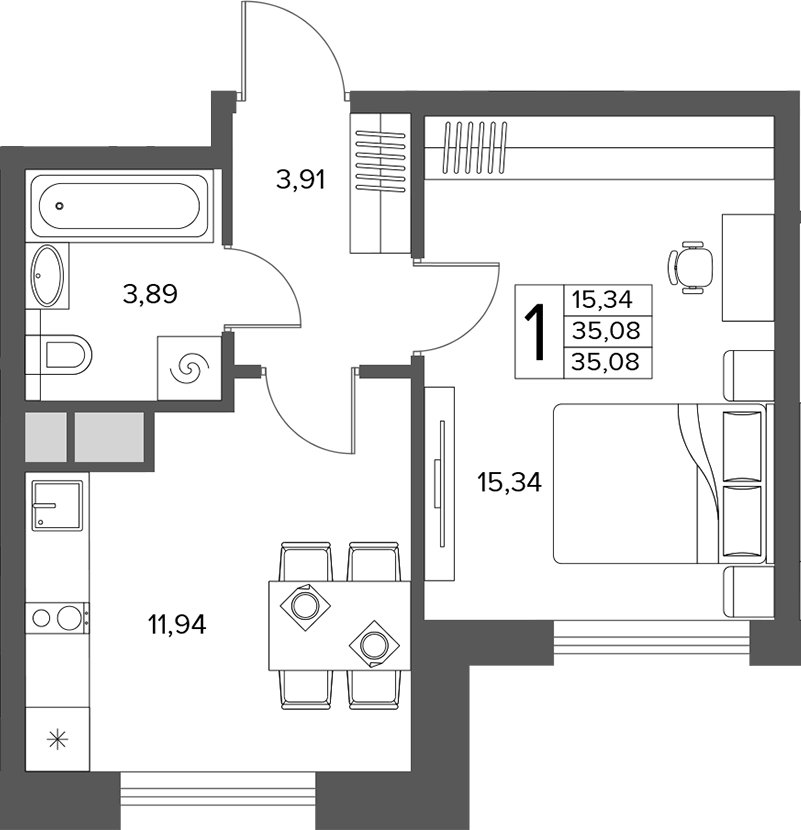 1-комн., 35.08 м², 2/14 этаж, ЖК «Городской бор»