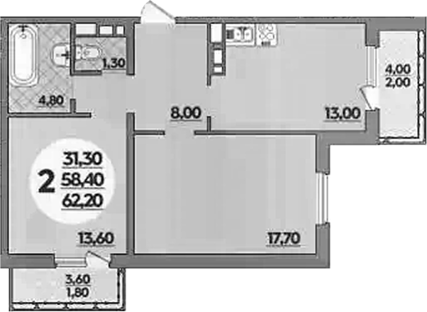 2-комн. квартира, 58.4 м² в ЖК Парк у дома — фото 2