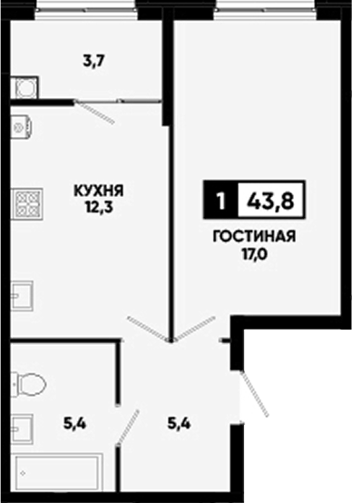 1-комн., 40.1 м², 2/16 этаж, ЖК «Кварталы 17/77»