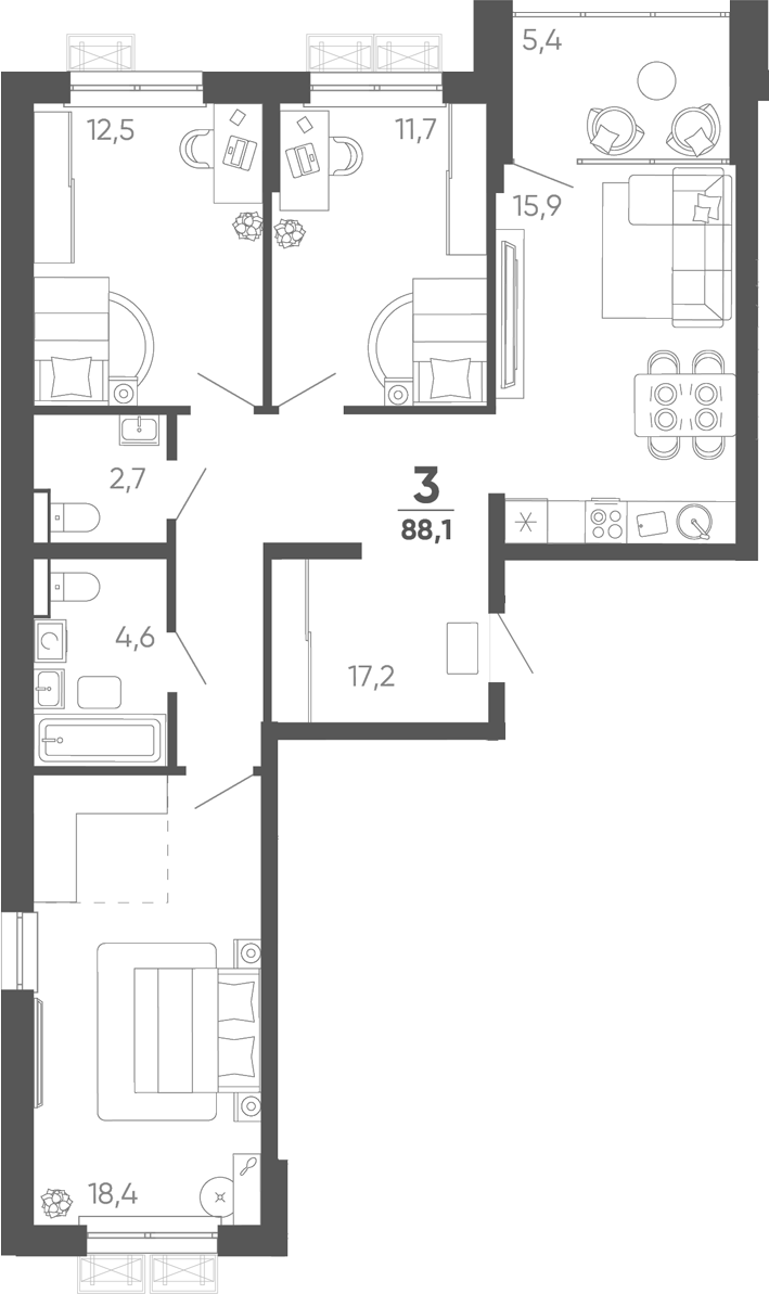 3-комн. квартира, 82.7 м² в ЖК Барса — фото 2