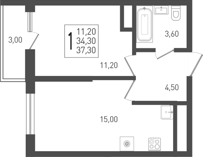 1-комн. квартира, 34.3 м² в ЖК ЖК «Кубанская Крепость» — фото 3