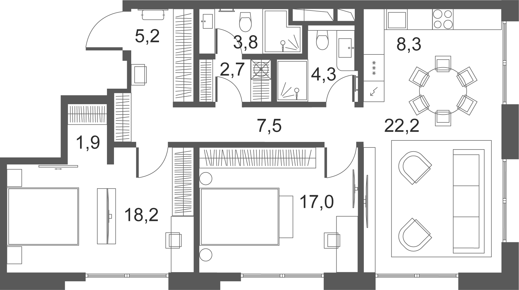 3-комн., 91.1 м², 4/5 этаж, ЖК «Клубные особняки Ильинка 3/8»