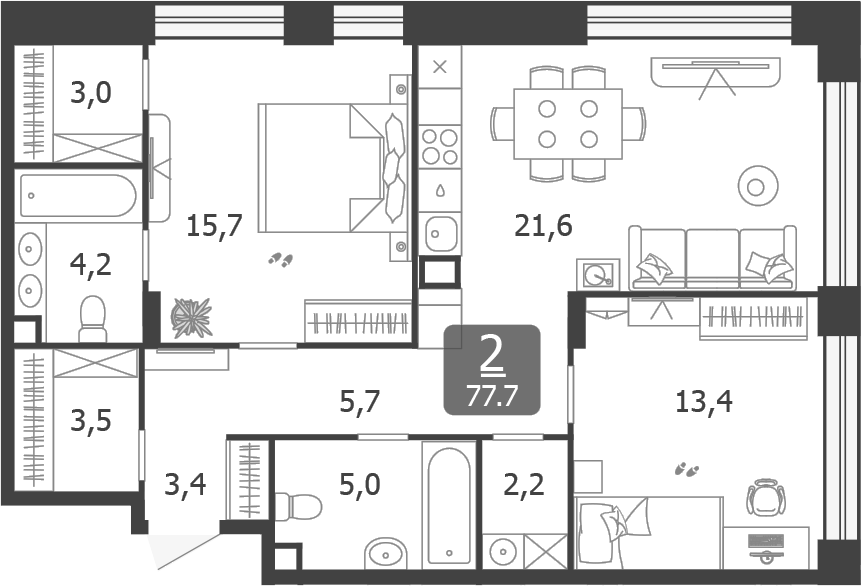3-комн., 77.7 м², 3/12 этаж, ЖК «Шагал»