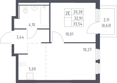 2-комн., 32.91 м², 11/17 этаж, ЖК «Пригород Лесное»