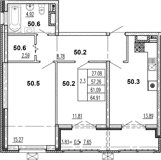 2-комн., 57.64 м², 2/8 этаж, ЖК «Центральный двор»