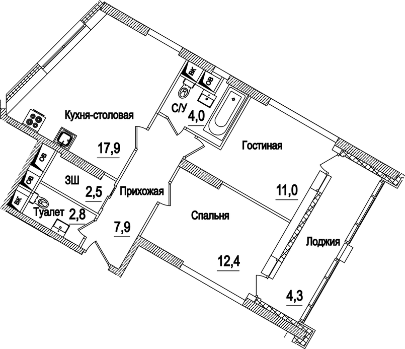 3-комн., 58.6 м², 21/21 этаж, ЖК «Рассказово»
