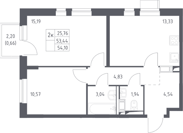 2-комн., 53.44 м², 10/12 этаж, ЖК «Пятницкие Луга»