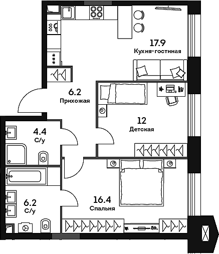 3-комн., 63.1 м², 19/32 этаж, ЖК «ЭРА»