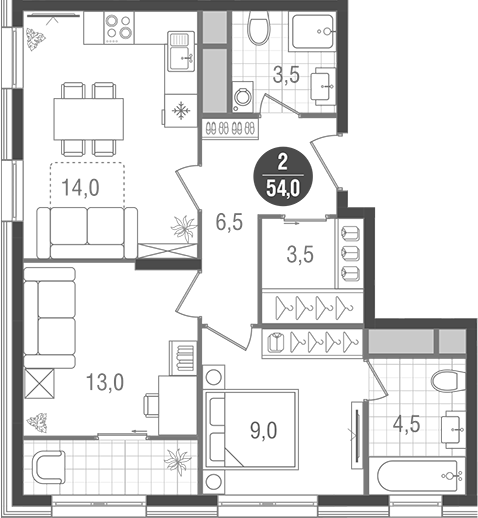 2-комн., 54 м², 13/17 этаж, ЖК «Кантемировский»