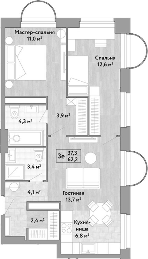 3-комн., 62.2 м², 5/29 этаж, ЖК «Новые Смыслы»