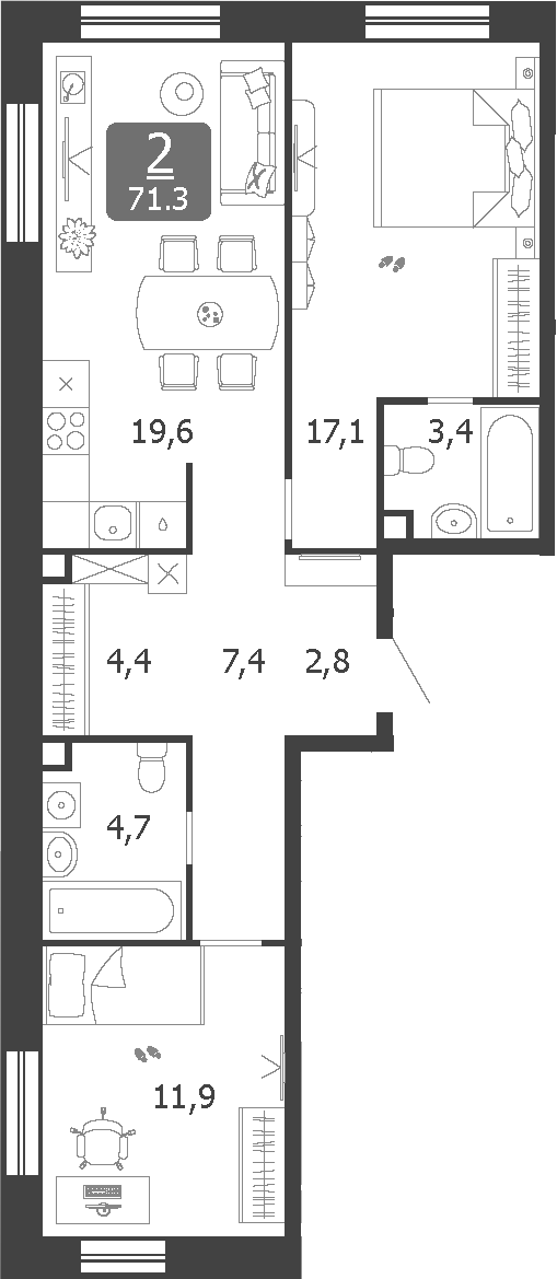 3-комн., 71.3 м², 19/19 этаж, ЖК «Шагал»