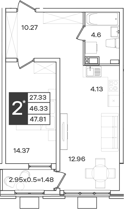 2-комн., 46.33 м², 4/18 этаж, ЖК «Сюжеты»