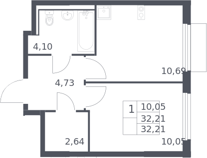 1-комн., 32.21 м², 15/17 этаж, ЖК «Пригород Лесное»