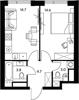 1-комн., 40.8 м², 26/46 этаж, ЖК «НЕКСУС от Аквилон»