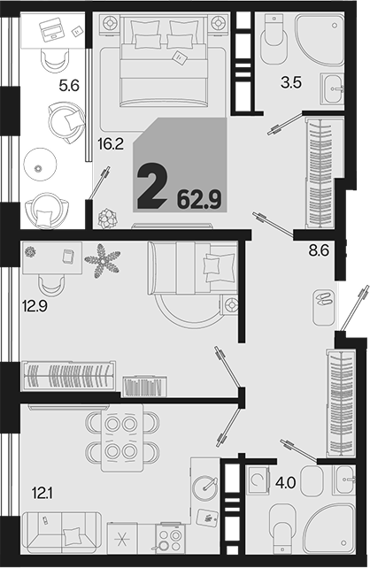 2-комн. квартира, 57.3 м² в ЖК Первое место — фото 2